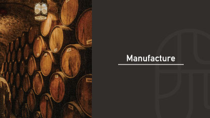 Wooden aging barrels stacked in a dimly lit cellar, next to text reading "Manufacture," representing the fermentation, distillation, and compounding methods used to produce alcohol