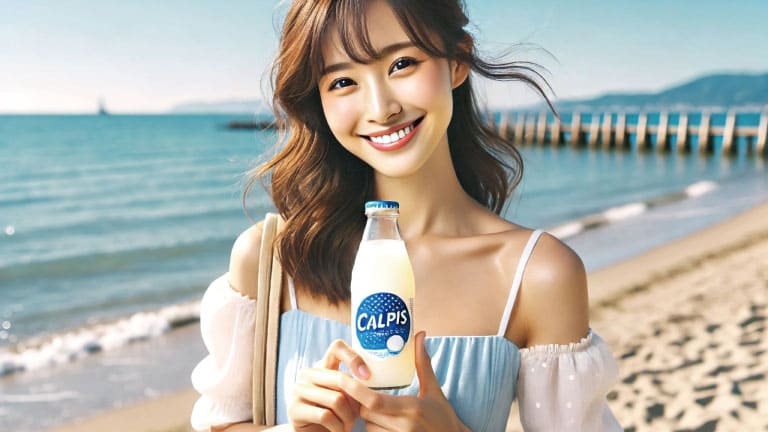 A smiling woman in a sundress holding a bottle of Calpis at a sunny beach, with the ocean and pier in the background