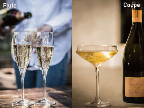 Side-by-side comparison of a tall, narrow Champagne flute and a wide, shallow Champagne coupe, both filled with sparkling wine