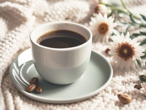 A cup of black coffee on a pale green saucer with scattered coffee beans, set on a knitted blanket beside white daisies