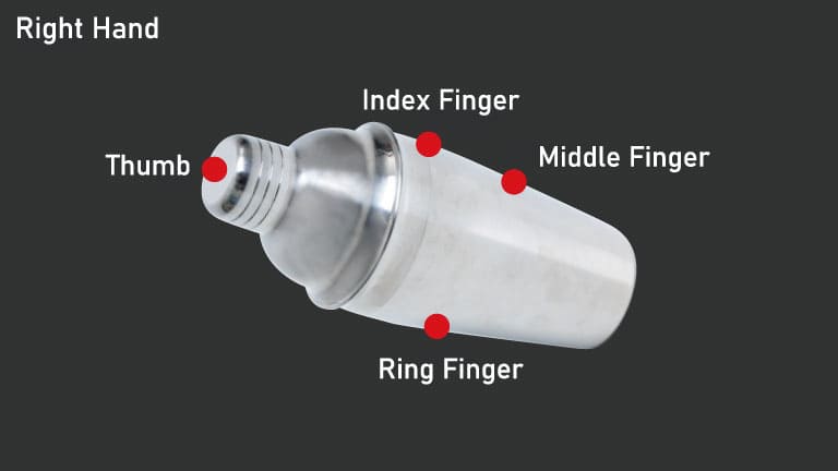 A diagram of a cocktail shaker showing right-hand finger placement, with the thumb, index, middle, and ring fingers marked at their positions