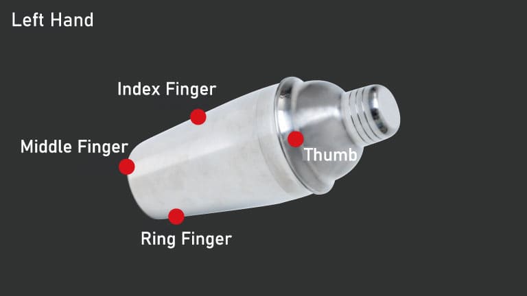 A diagram of a cocktail shaker showing left-hand finger placement, with the thumb, index, middle, and ring fingers marked at their positions