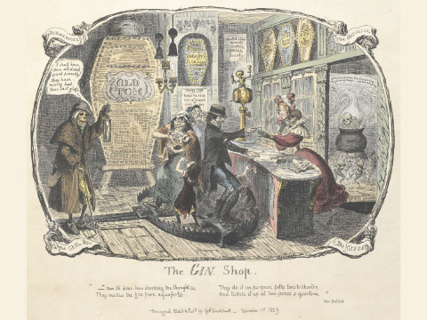 George Cruikshank's 1829 satirical etching "The Gin Shop," depicting a gin palace with coffin-shaped barrels labeled Old Tom, a skeleton disguised as the barmaid, and a figure of Death entering as a nightwatchman