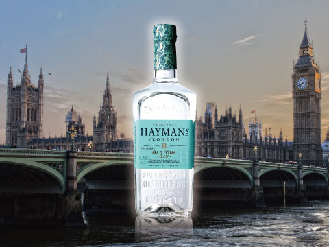 A bottle of Hayman's Old Tom Gin superimposed against a London skyline with Westminster Bridge and Big Ben