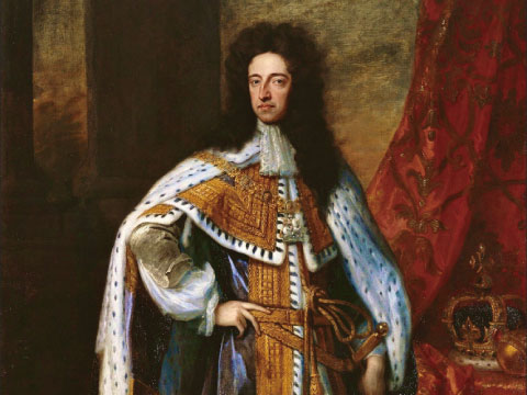 A formal portrait of King William III in royal robes and ceremonial regalia, with a crown displayed beside him