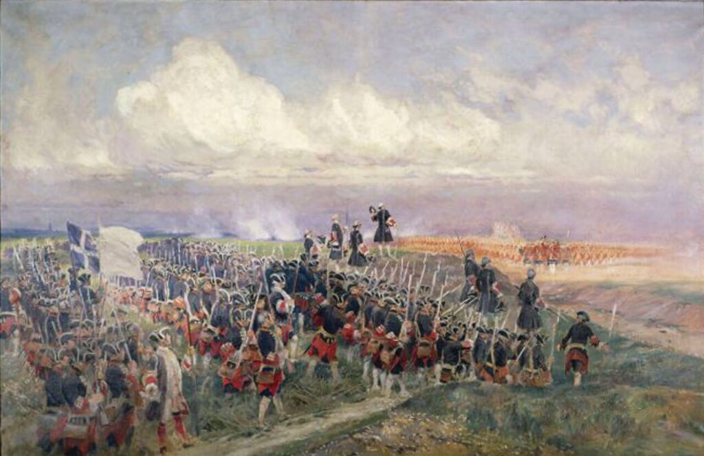 A 19th-century painting depicting the Battle of Fontenoy, with rows of soldiers advancing across a battlefield under a dramatic cloudy sky