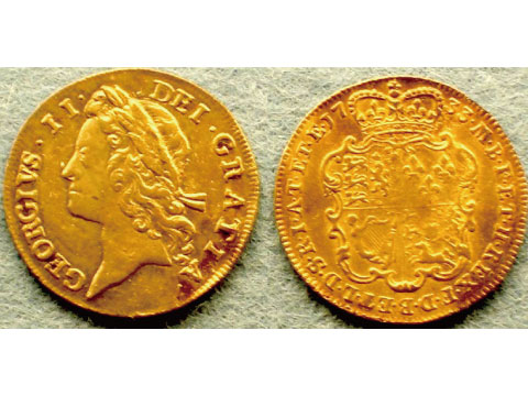 Obverse and reverse sides of a gold two guinea coin featuring King George II's profile and the royal coat of arms
