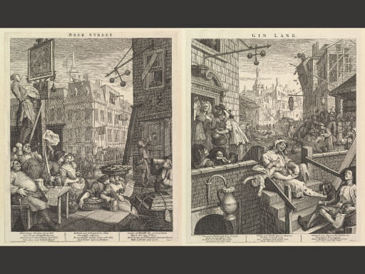 William Hogarth's paired 1751 engravings "Beer Street" and "Gin Lane," contrasting a prosperous beer-drinking scene with a squalid gin-soaked one