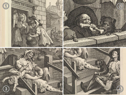 Four close-up details from Hogarth's "Gin Lane": a pawnbroker's shop, a starving man gnawing a bone beside a dog, a woman neglecting her falling infant, and an emaciated man collapsed on the steps