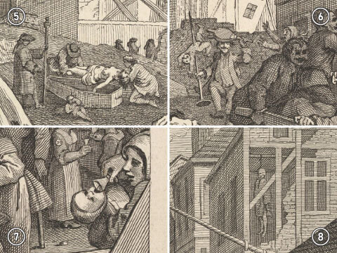 Four close-up details from Hogarth's "Gin Lane": a coffin burial with a grieving orphan, a man carrying an impaled infant amid a street commotion, a mother giving gin to her baby, and a distant figure hanging in a ruined building's attic