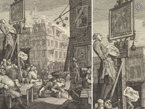 Two close-up details from Hogarth's "Beer Street": a lively street scene with well-fed tradespeople and fishmongers, and a sign-painter working from a ladder above the crowd