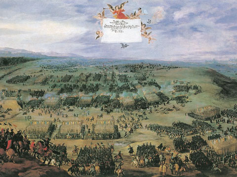 A 17th-century painting depicting the Battle of White Mountain, with opposing armies and cavalry formations spread across a battlefield