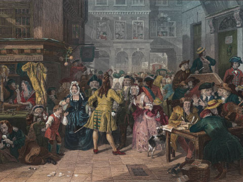 A colored 18th-century engraving depicting a crowded London street scene with merchants, gentry, and common people, from the era of the South Sea Bubble