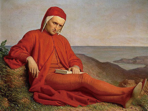 A 19th-century painting of Dante Alighieri in his signature red robe and cap, seated on a rocky coastline in exile with a book resting on his lap