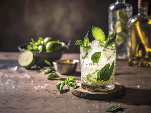 A Mint Julep served in a rocks glass over crushed ice, garnished with a large sprig of fresh mint, with limes and bottles in the background