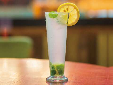 A sparkling lemon squash garnished with fresh mint and a lemon wheel, served in a tall highball glass