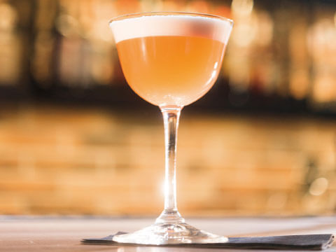 A Flip cocktail with a frothy egg white top and nutmeg-dusted rim, served in a coupe glass on a bar counter