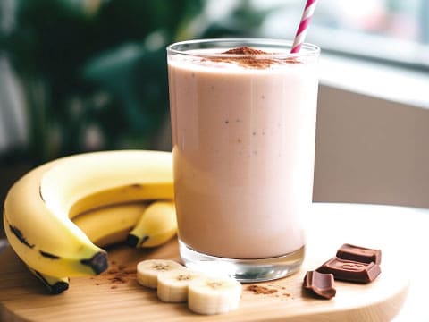 A creamy banana milkshake topped with cocoa powder sits in a glass beside fresh bananas and pieces of chocolate.