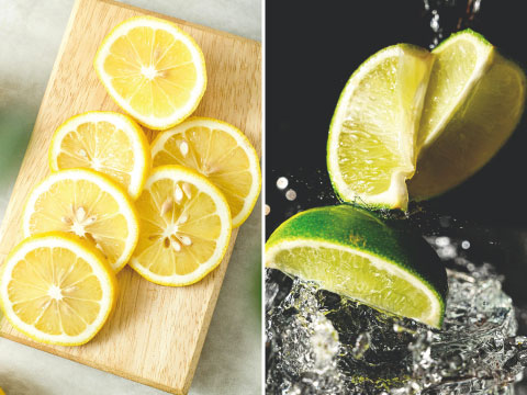 Side-by-side image of fresh lemon slices on a wooden board and lime wedges splashing into water