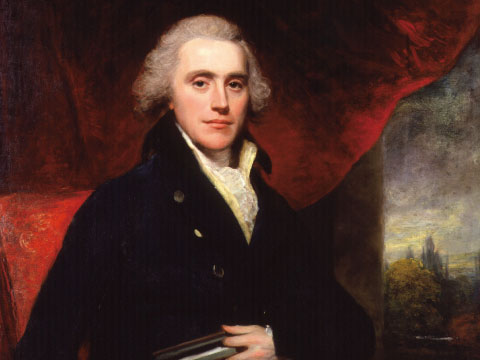 Classical oil portrait of Henry Addington, British Prime Minister, seated in formal 18th-century attire with a red drapery backdrop