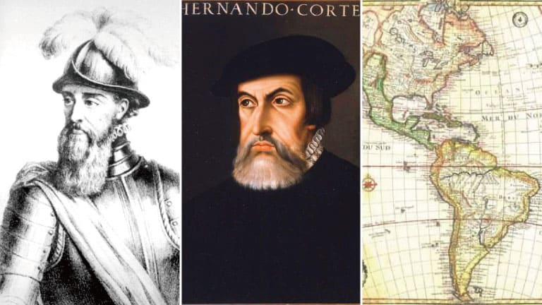 Portraits of Spanish conquistadors Francisco Pizarro and Hernán Cortés beside an old map of North and South America.