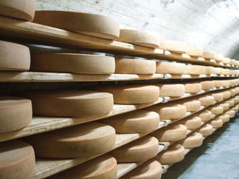 Rows of large cheese wheels rest on wooden shelves in a stone-walled aging cellar.