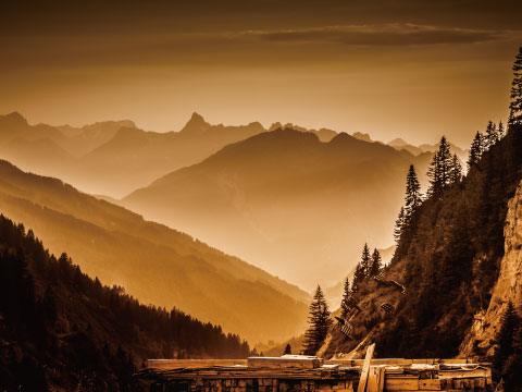 Golden-hued mist settling over layered mountain ridges and pine trees at sunset, symbolizing the cocktail's name