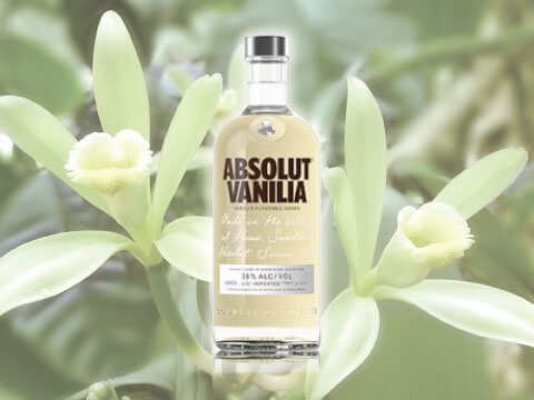 Absolut Vanilia vodka bottle set against a backdrop of pale vanilla orchid blossoms