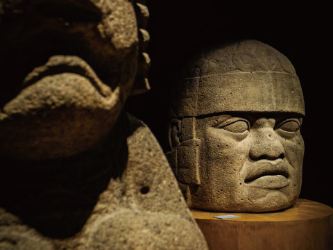 Close-up of ancient Olmec stone head sculptures displayed against a dark background, showing detailed carved facial features