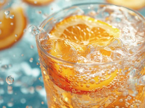 Close-up of a glass filled with sparkling soda and an orange slice, captured mid-splash with bubbles against a blue backdrop