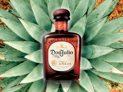 A bottle of Don Julio Añejo tequila displayed in front of a fanned arrangement of blue agave leaves