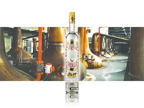 Alt text: A bottle of Corralejo Blanco silver tequila displayed against copper pot stills at the distillery