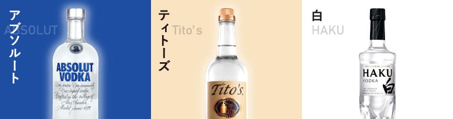 Three premium vodka bottles side by side: Absolut, Tito's Handmade, and Haku Japanese craft vodka