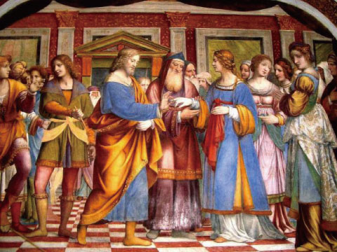 A Renaissance-style fresco depicting the marriage ceremony of the Virgin Mary, with figures in colorful robes gathered around a temple setting