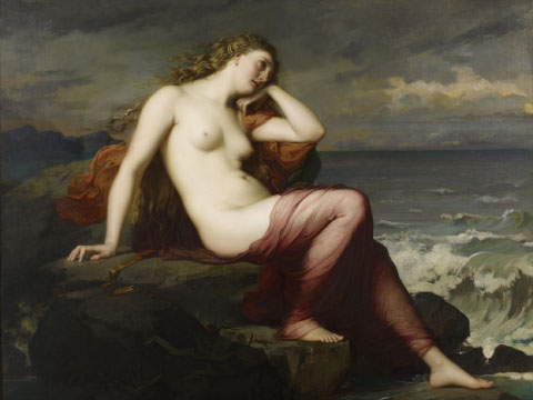A 19th-century oil painting depicting the mythological nymph Calypso seated on rocks by the sea
