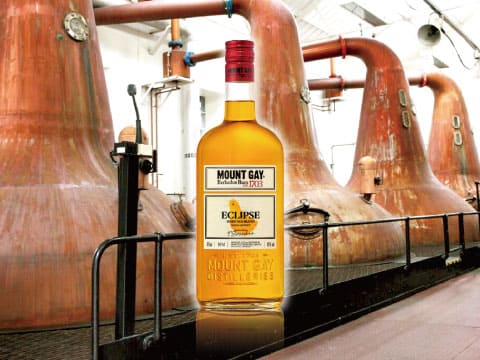 A bottle of Mount Gay Eclipse rum standing in front of copper pot stills inside the distillery