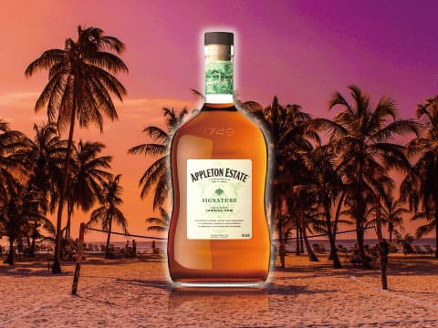 A bottle of Appleton Estate Signature rum standing on a sunset-colored beach lined with palm trees