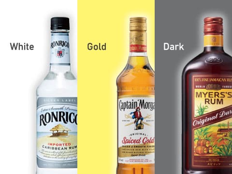 Three rum bottles labeled White, Gold, and Dark, showing the color progression from clear Ronrico to amber Captain Morgan to deep brown Myers's