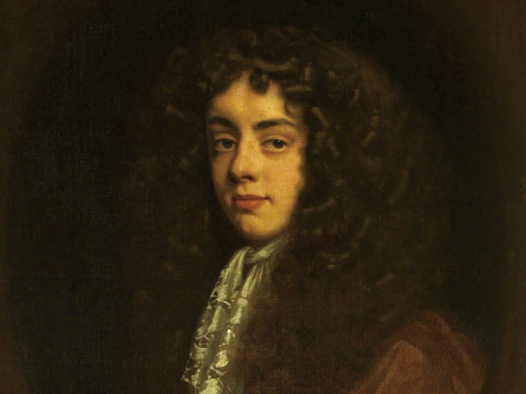 A historical oil portrait of a young man with curled brown hair, dressed in 17th-century formal attire
