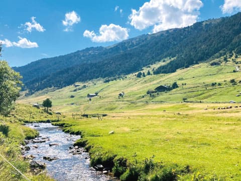 A small stream winding through a lush green grassy valley, with mountains and blue sky in the background