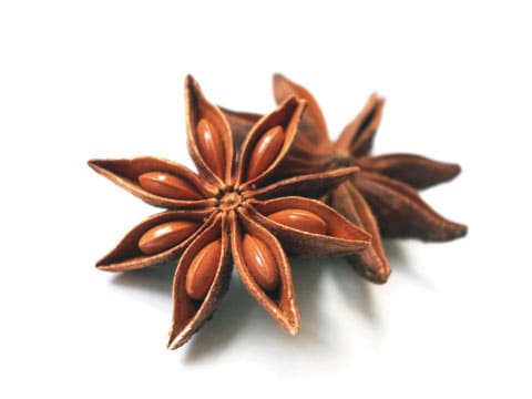 Two whole star anise pods with visible seeds sit against a plain white background.