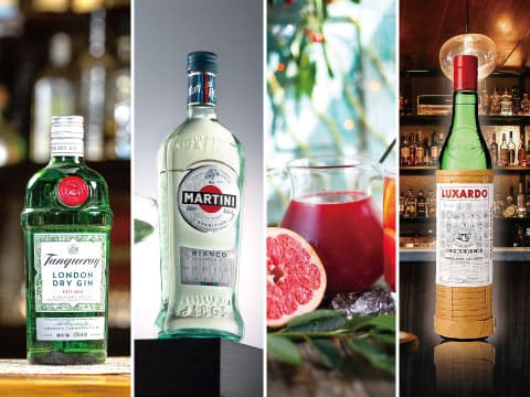 Four-panel image of Tanqueray gin, Martini Bianco vermouth, a pitcher of grapefruit juice, and a bottle of Luxardo Maraschino liqueur