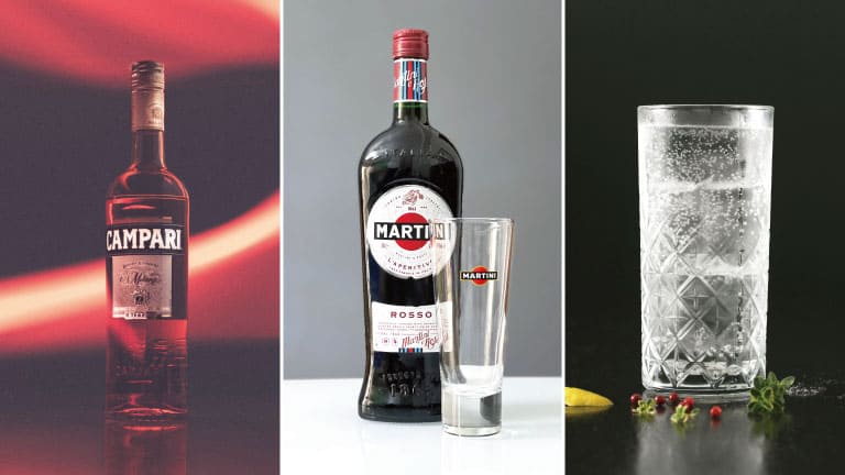 A three-panel image showing a bottle of Campari, a bottle of Martini Rosso vermouth with a glass, and a glass of sparkling soda water