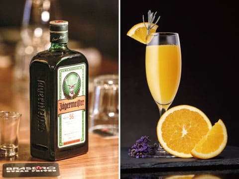 A two-panel image: a bottle of Jägermeister herbal liqueur on a wooden bar counter on the left, and a champagne flute of orange cocktail garnished with an orange twist and rosemary sprig beside fresh orange halves on the right