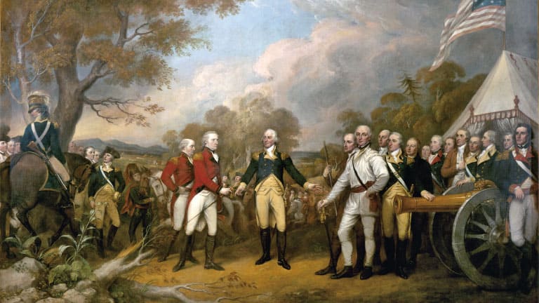 A historical oil painting depicting the surrender of British General John Burgoyne to American forces at the Battle of Saratoga, painted by John Trumbull