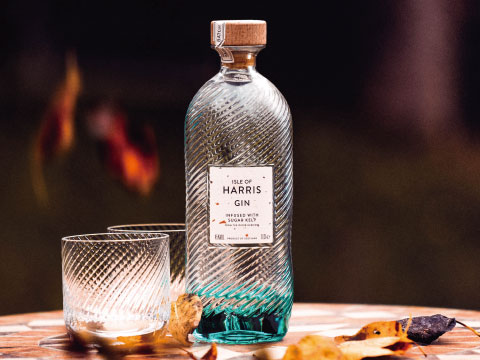 A bottle of Isle of Harris Gin infused with sugar kelp, standing beside two glasses on a table scattered with autumn leaves