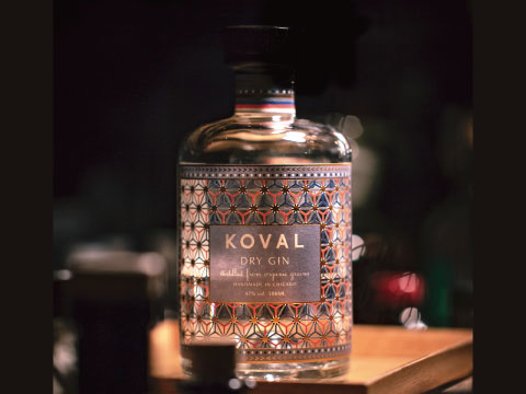 Bottle of KOVAL Dry Gin with a geometric patterned label against a dark, softly lit background