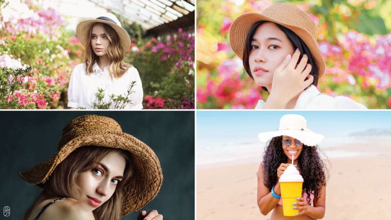 A four-panel collage of women wearing various styles of straw hats in outdoor settings, including a garden, a flower field, and a beach