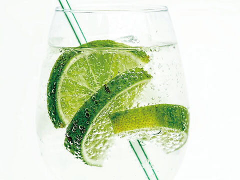 Close-up of lime slices floating in a glass of sparkling soda water with a green straw