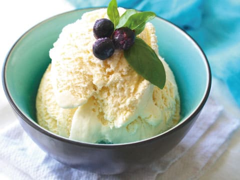 A scoop of vanilla ice cream in a teal bowl, topped with fresh blueberries and a mint leaf garnish